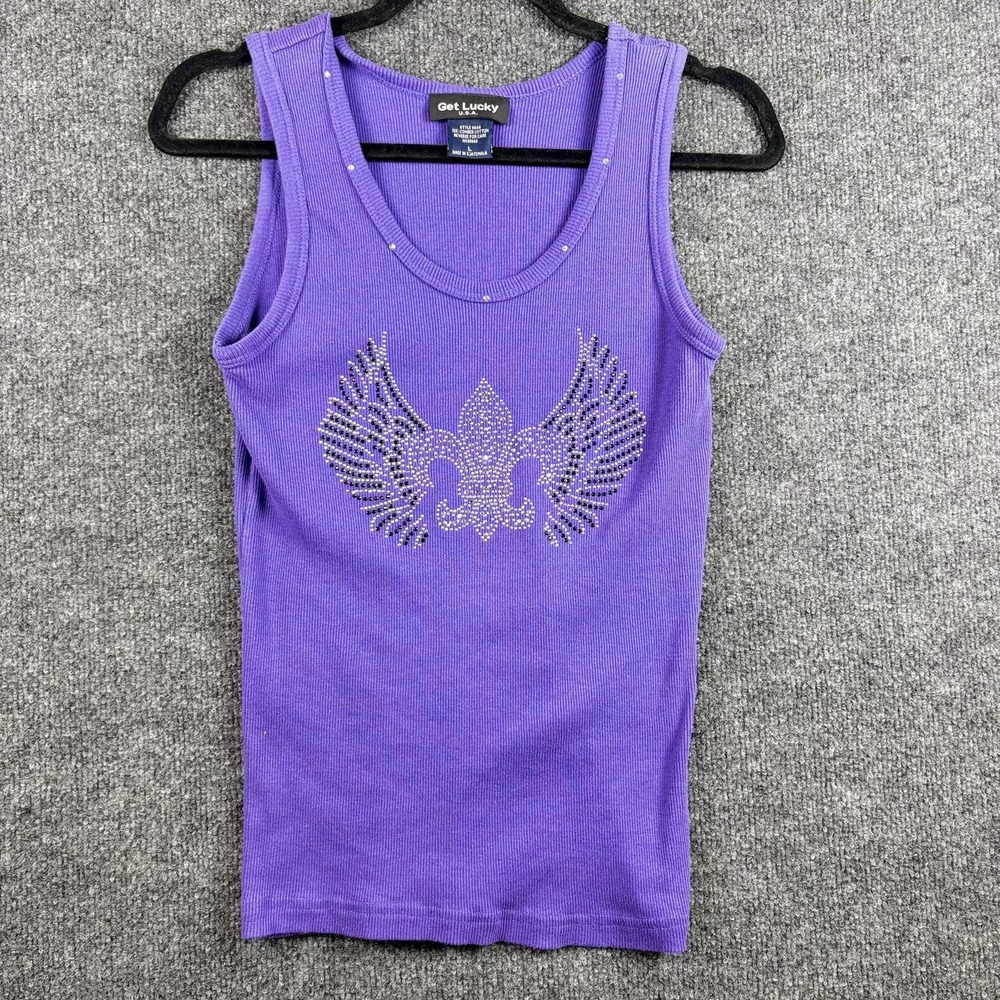 Get Lucky Tank Top Womens Large‎ Purple Rhinestone Wings Fleur De Lis Graphic